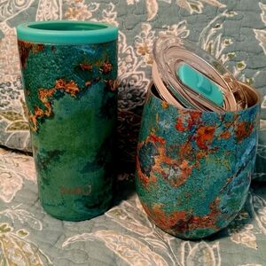 SWIG "stocking stuffer" turquoise marble wine cooler w/lid & mini